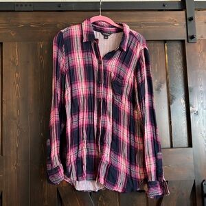 Lucky Brand Pink and Navy Plaid Flannel-Style Shirt Large